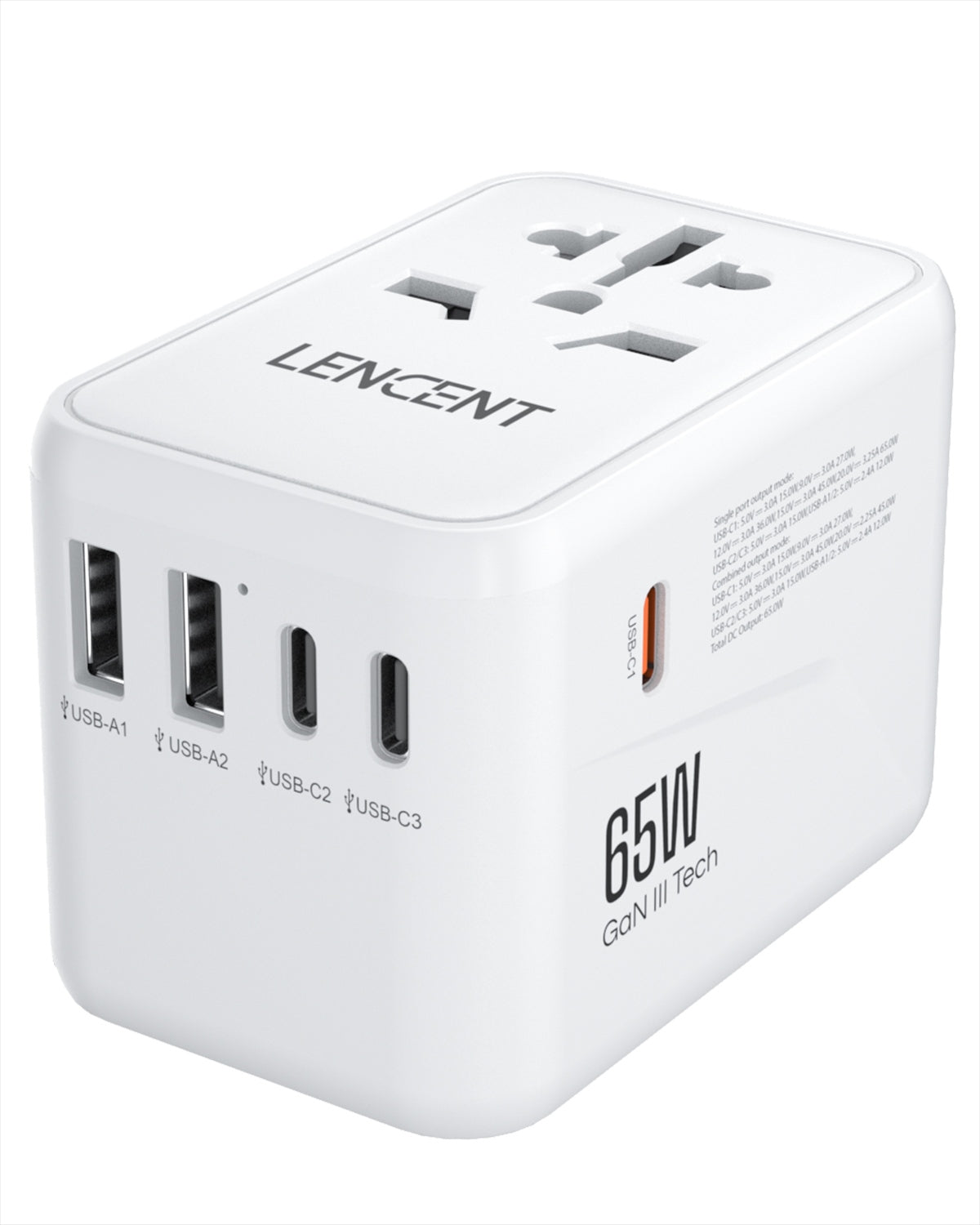 LENCENT Universal Travel Adapter, GaN III 65W International Charger, White