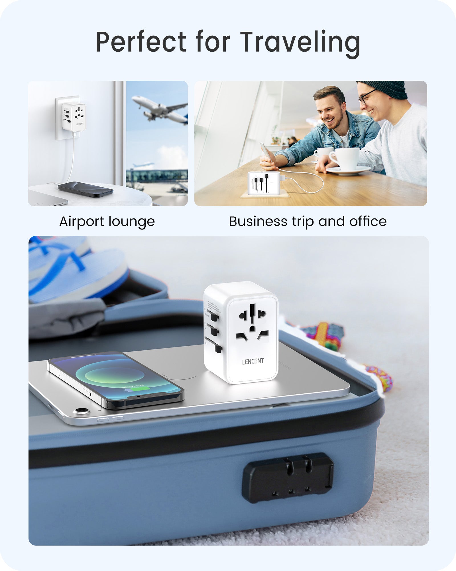 LENCENT Universal Travel Adapter, GaN III 65W International Charger, White