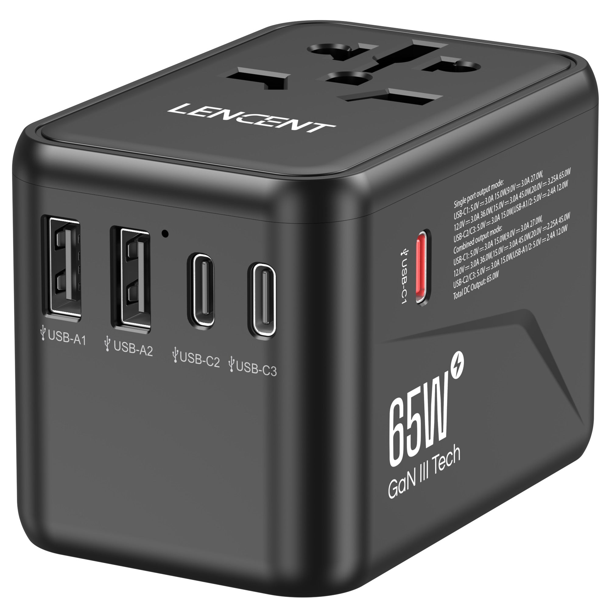 LENCENT Universal Travel Adapter, GaN III 65W Travel Charger, USA/UK/EU/AUS