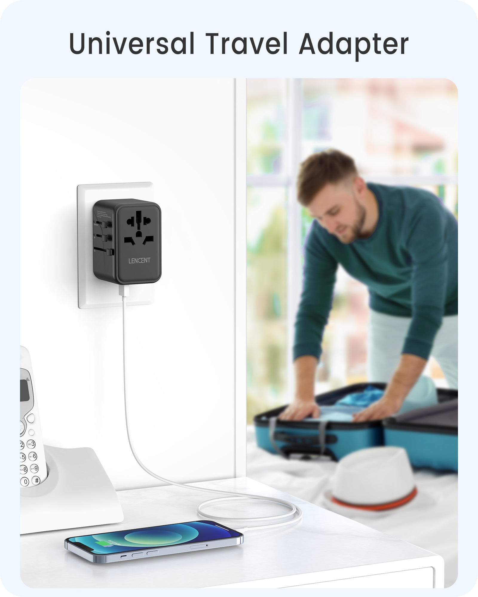 LENCENT Universal Travel Adapter, GaN III 65W Travel Charger, USA/UK/EU/AUS