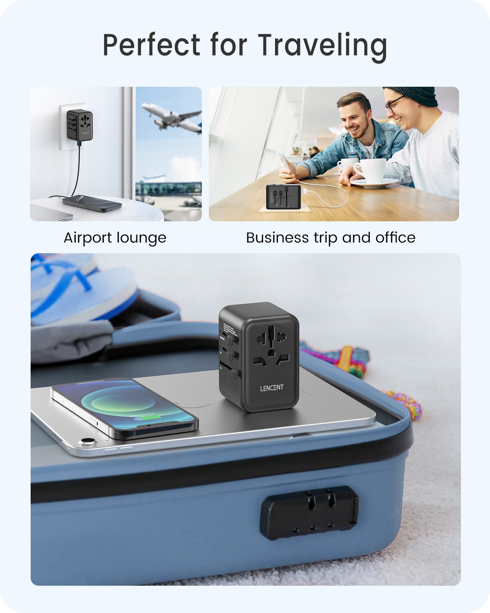 LENCENT Universal Travel Adapter, GaN III 65W Travel Charger, USA/UK/EU/AUS