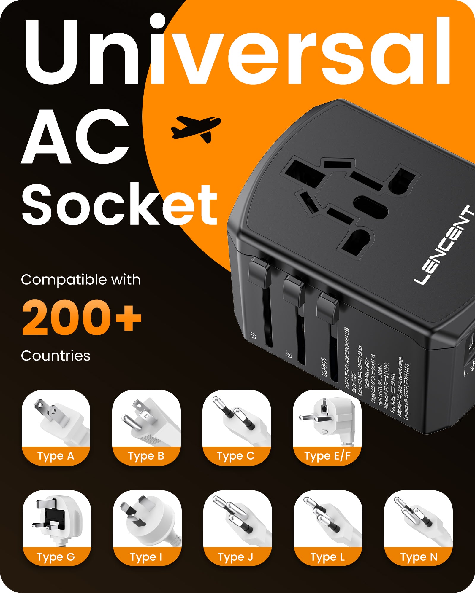 LENCENT Universal Travel Power Adapter, International AC Plug Adaptor