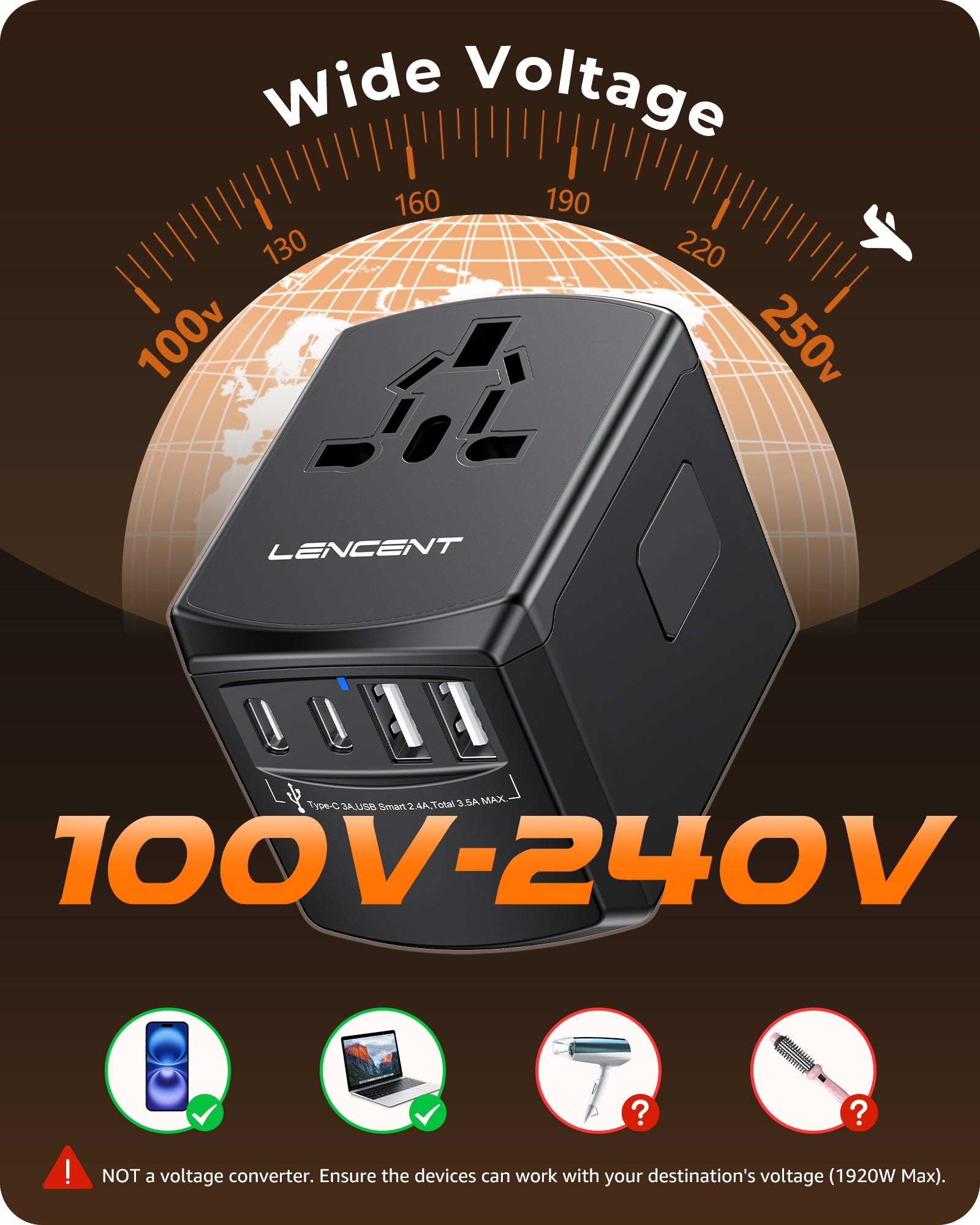 LENCENT Universal Travel Power Adapter, International AC Plug Adaptor